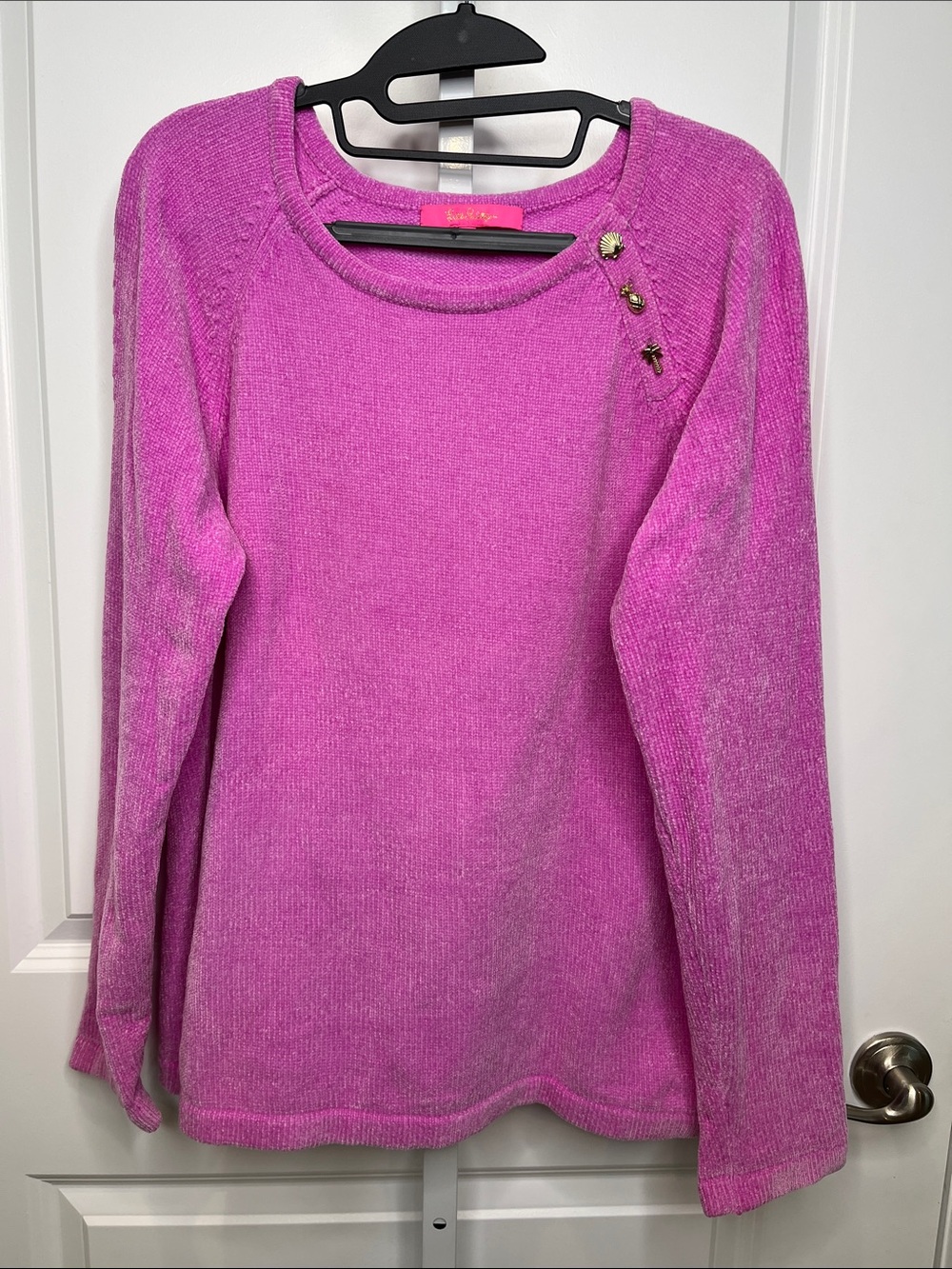 Lilly Pulitzer Bright Pink Pippin Sweater with Gold Tone Shoulder Buttons XL
